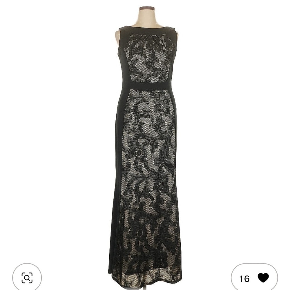 Signature by Sangria Black Lace Maxi Dress with Sheer Floral Overlay
